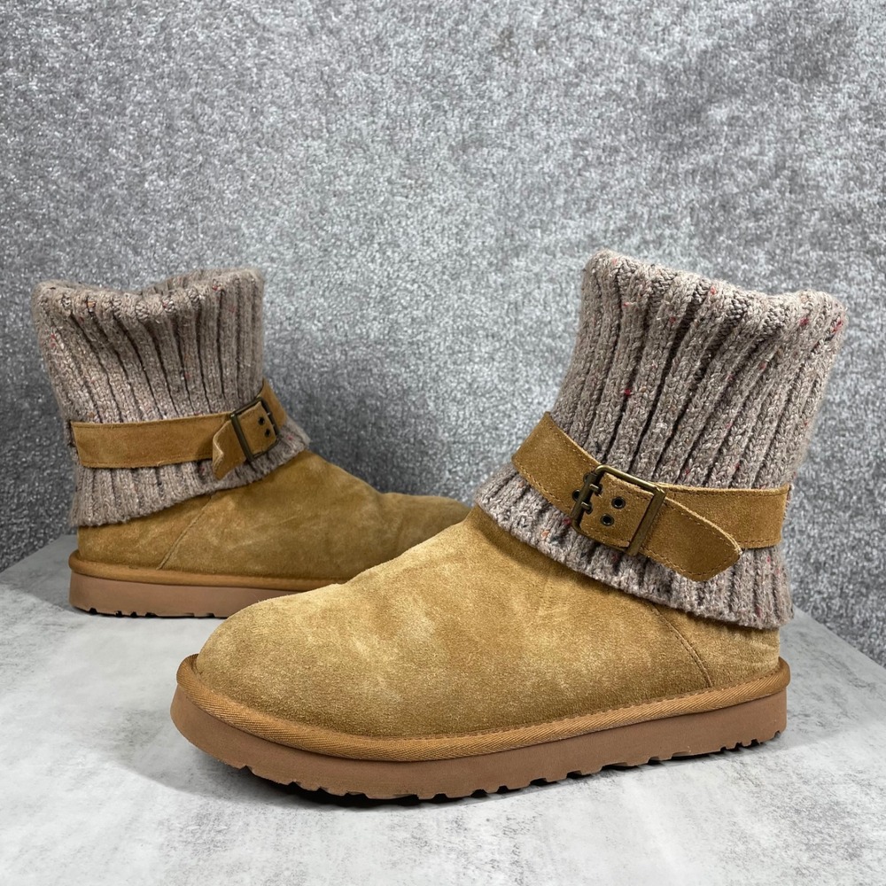 UGG Knit Buckle Boots Womens 11 Chestnut Suede Cozy Comfort Fall Ankle Women